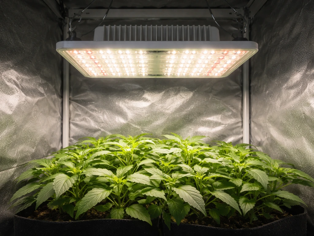 100W LED grow light mounted in a small tent, illuminating seedlings with clear light coverage.