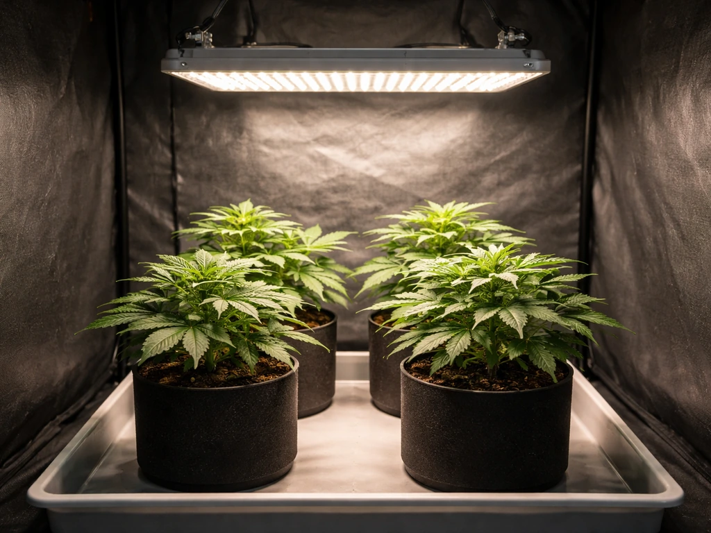 Small 2x2 grow footprint with healthy seedlings under a compact 100W LED bar light
