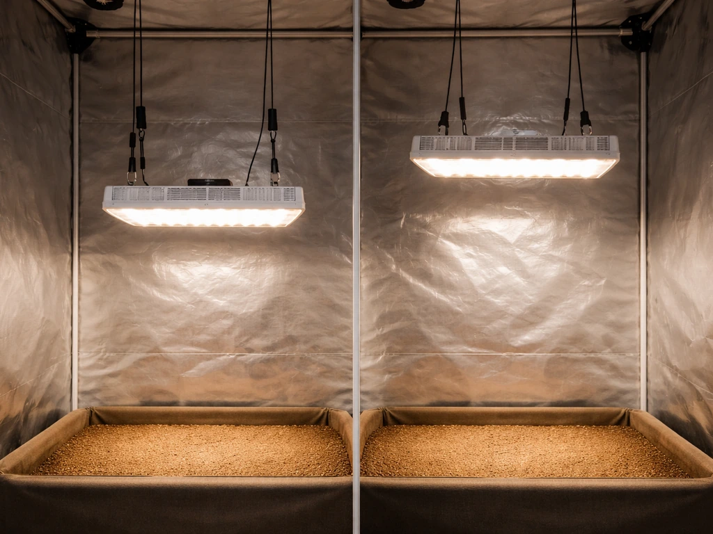 Indoor grow tent showing an LED light at two hanging heights with brighter center illumination.
