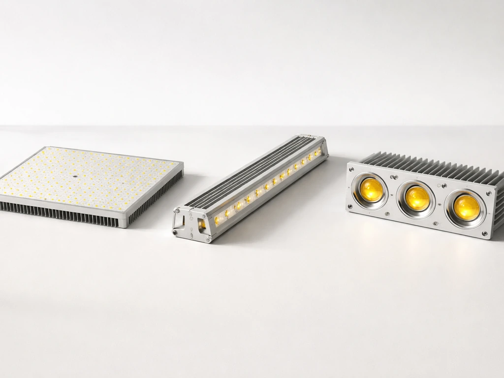 Three LED fixture samples side-by-side showing panel, linear bar, and COB-style array build differences.