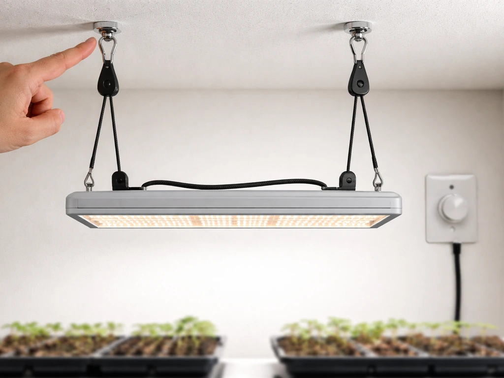 Grow light hanging from cable hangers, level checked, with dimmer set for low-intensity seedling start.