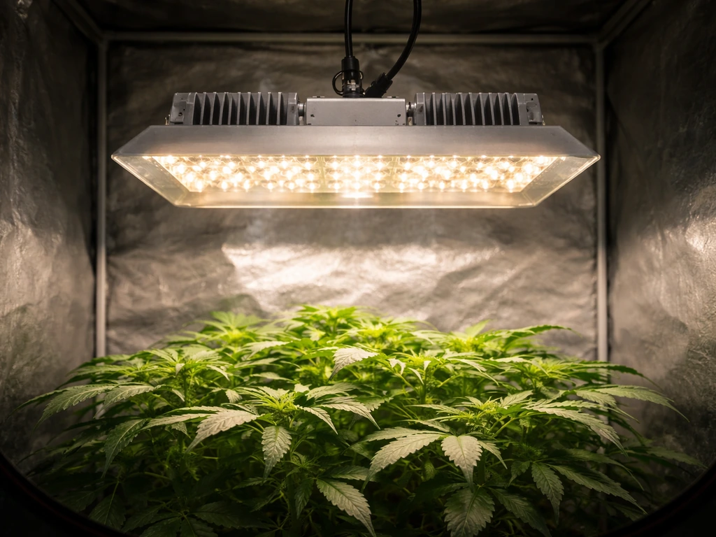500W-class LED grow light mounted above a small indoor grow canopy in a tent.