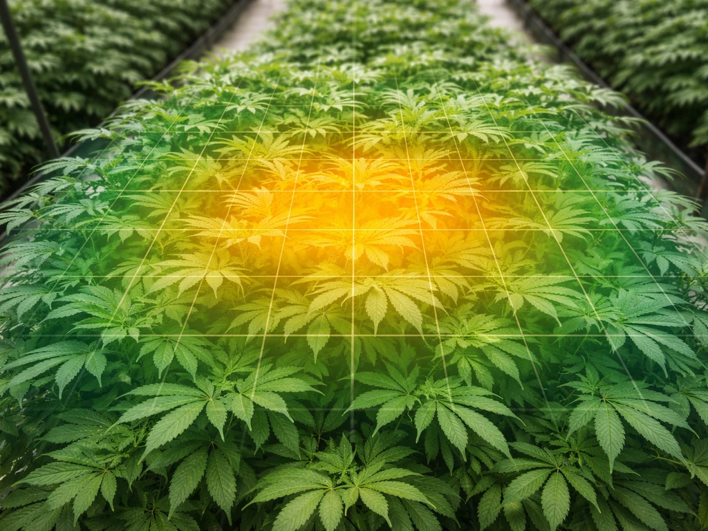 A realistic greenhouse canopy area with a subtle 5x5 PPFD heatmap grid overlay pattern