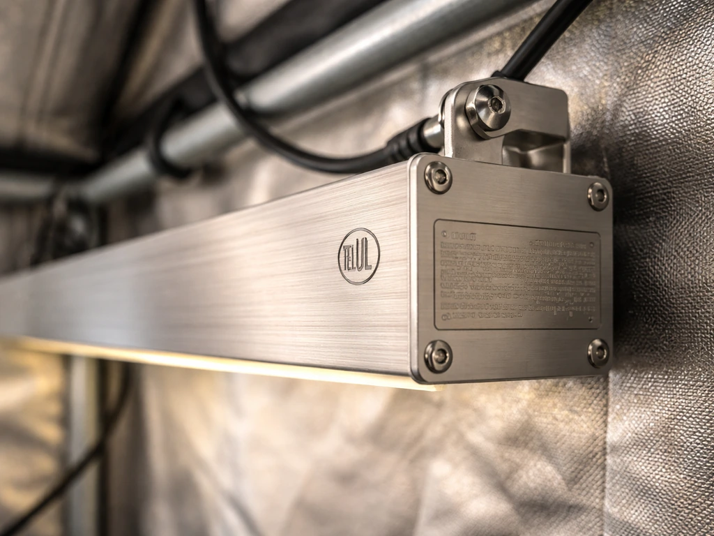 Close-up of a grow light’s ETL/UL listing mark and safety rating plate on the fixture