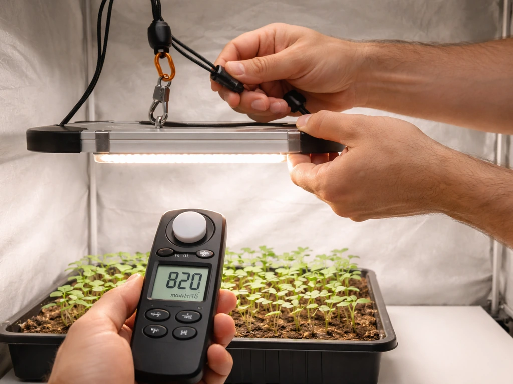 Hands adjust a hanging LED grow light while holding a PPFD meter at seedling canopy level.