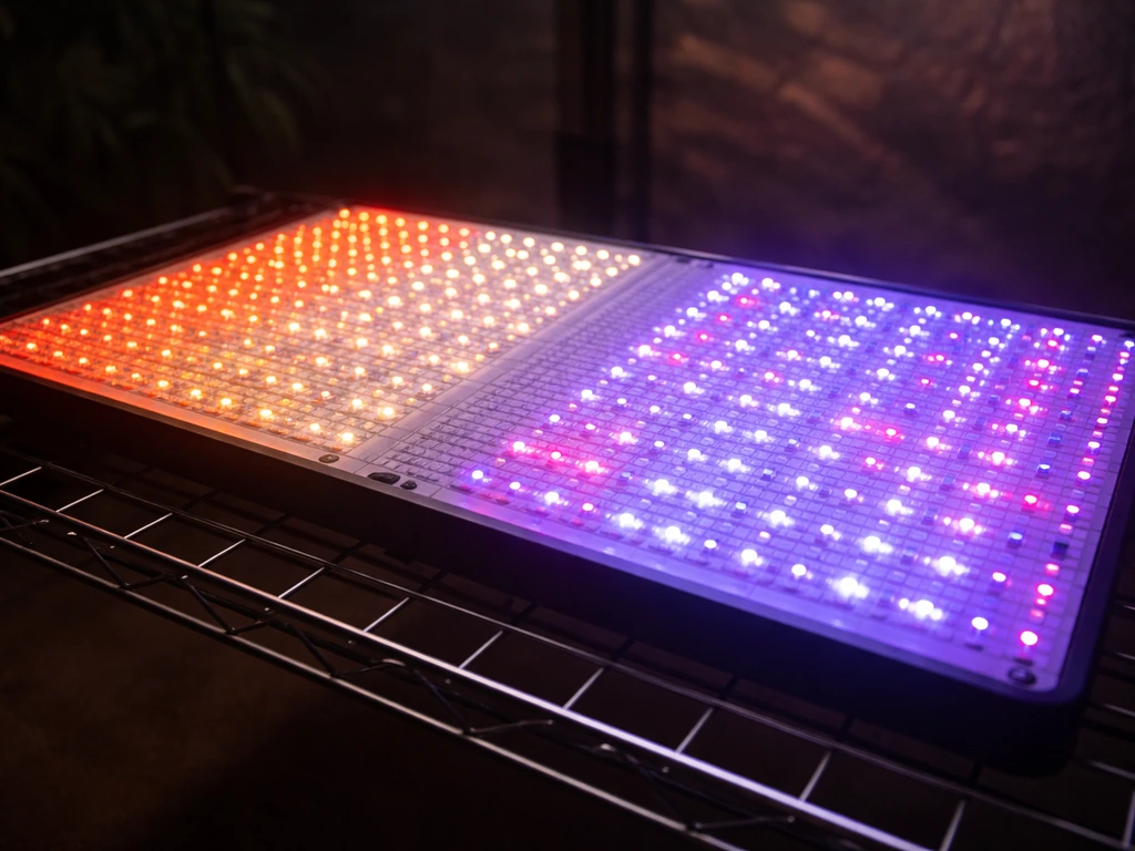 Close-up of LED grow light board emitting a soft red-to-blue glow in a dark indoor grow room