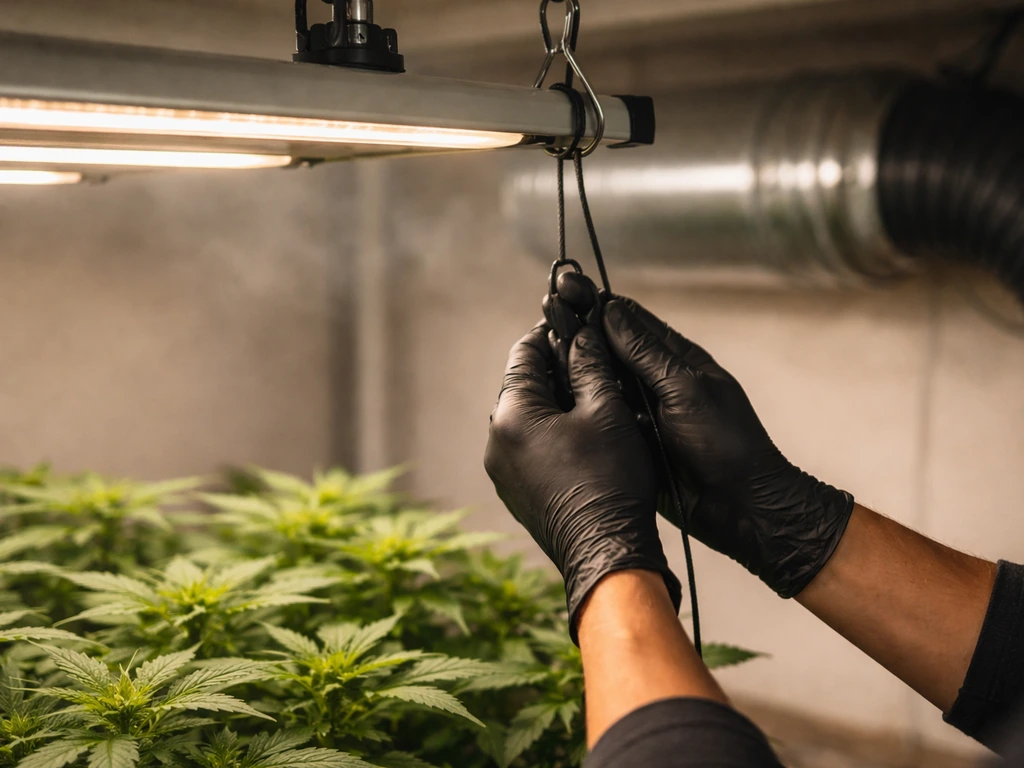 Grower adjusts an LED fixture’s hanging height over a plant canopy near an airflow duct