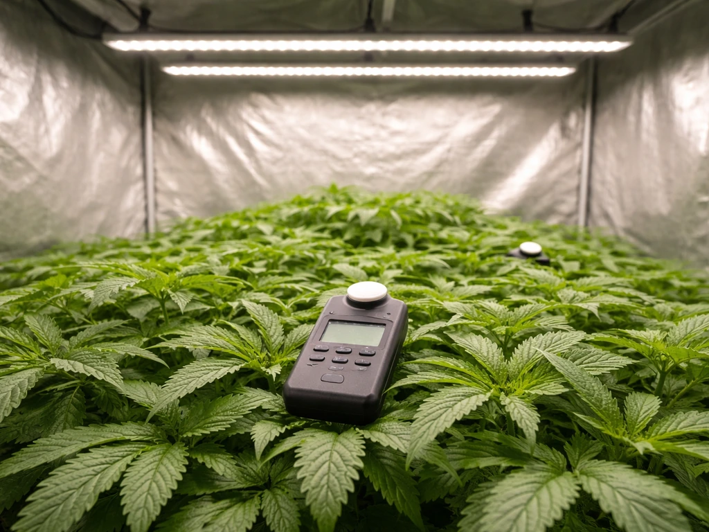 Grow tent canopy with a quantum PPFD meter hovering over center and edge measurement points