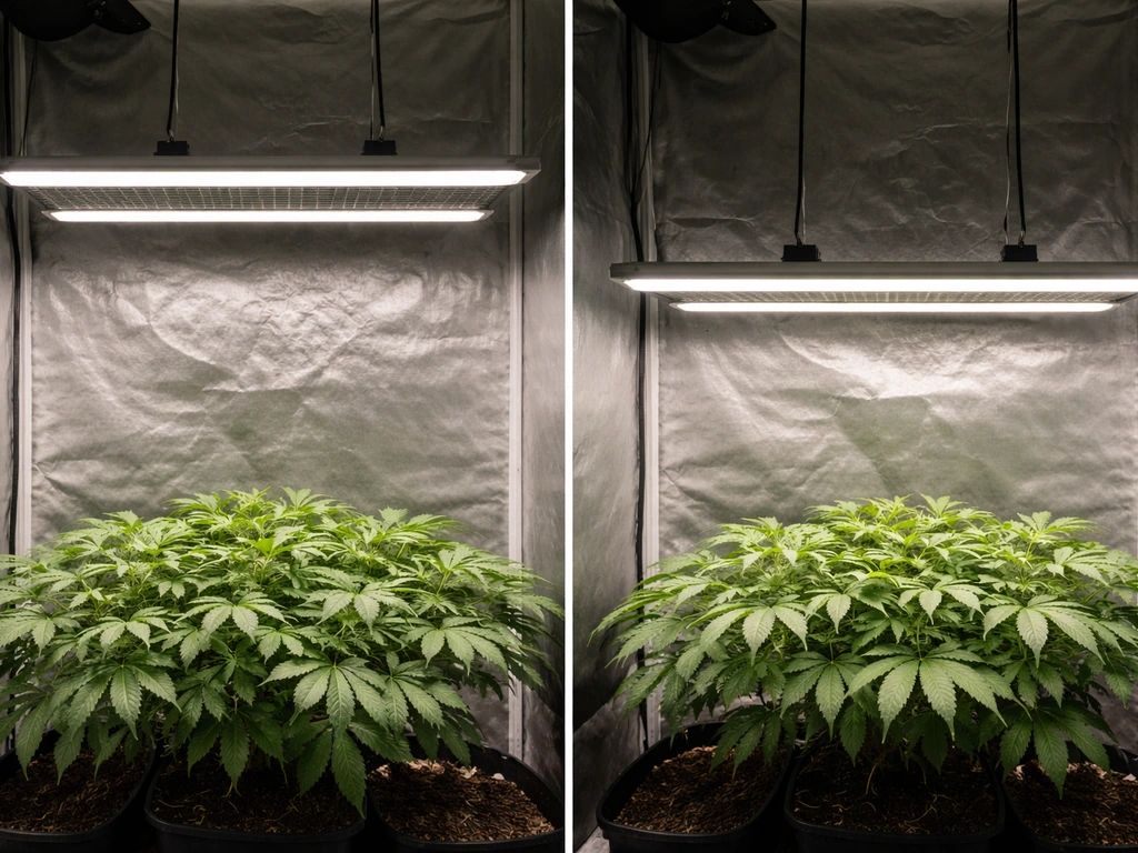 Two grow-light positions over the same plant canopy, showing higher placement vs lower placement effects