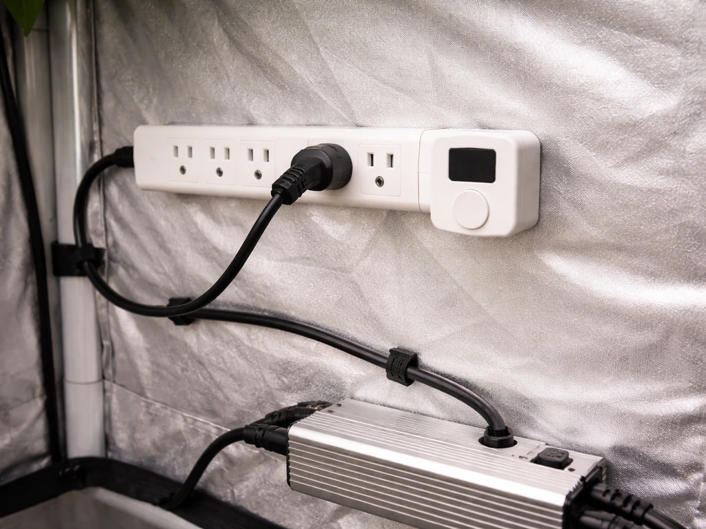 Close-up of a power strip and circuit meter with neatly routed LED driver power cable in a grow tent.
