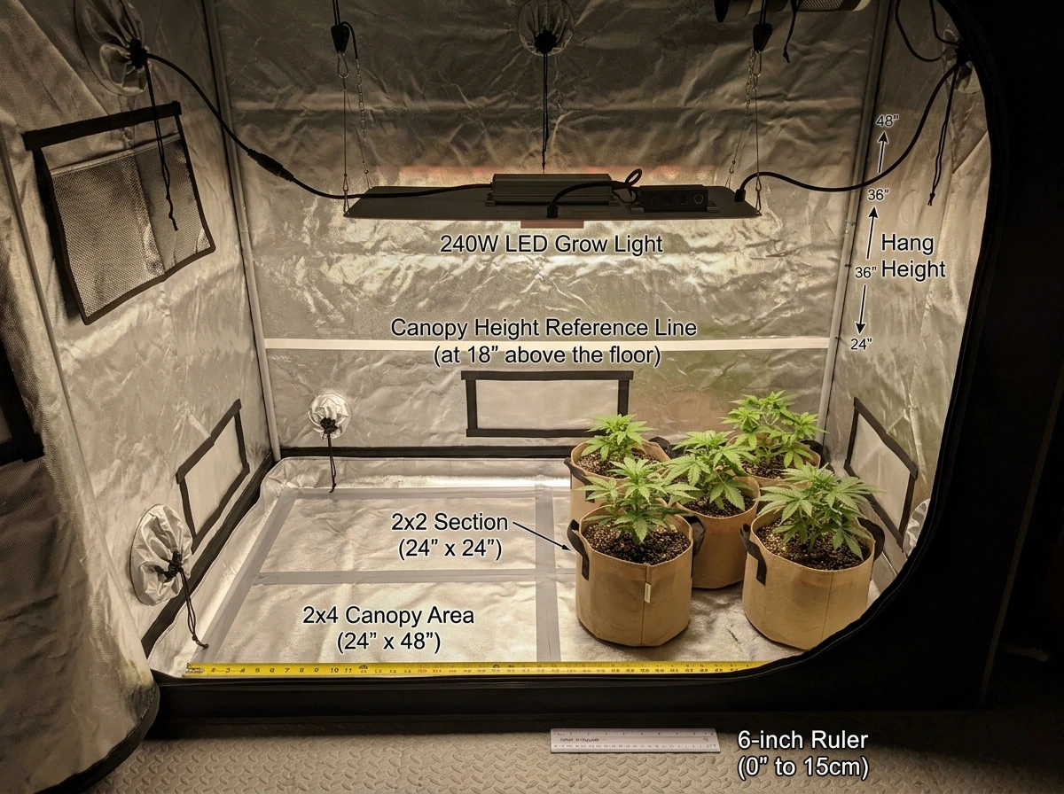 Measuring grow tent dimensions and hang height for matching LED light coverage