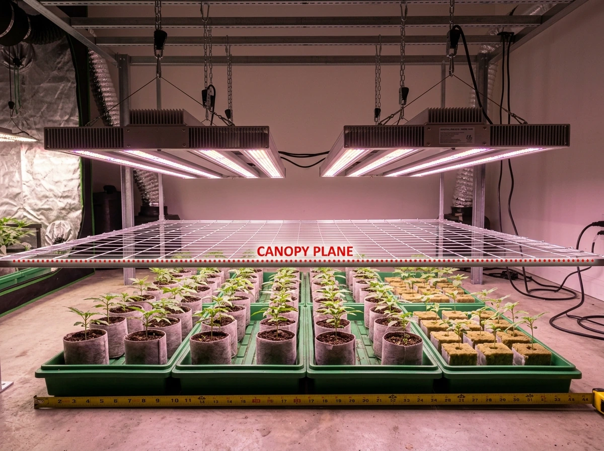 Multi-fixture 4x8 LED grow light layout with uniform spacing and hang height