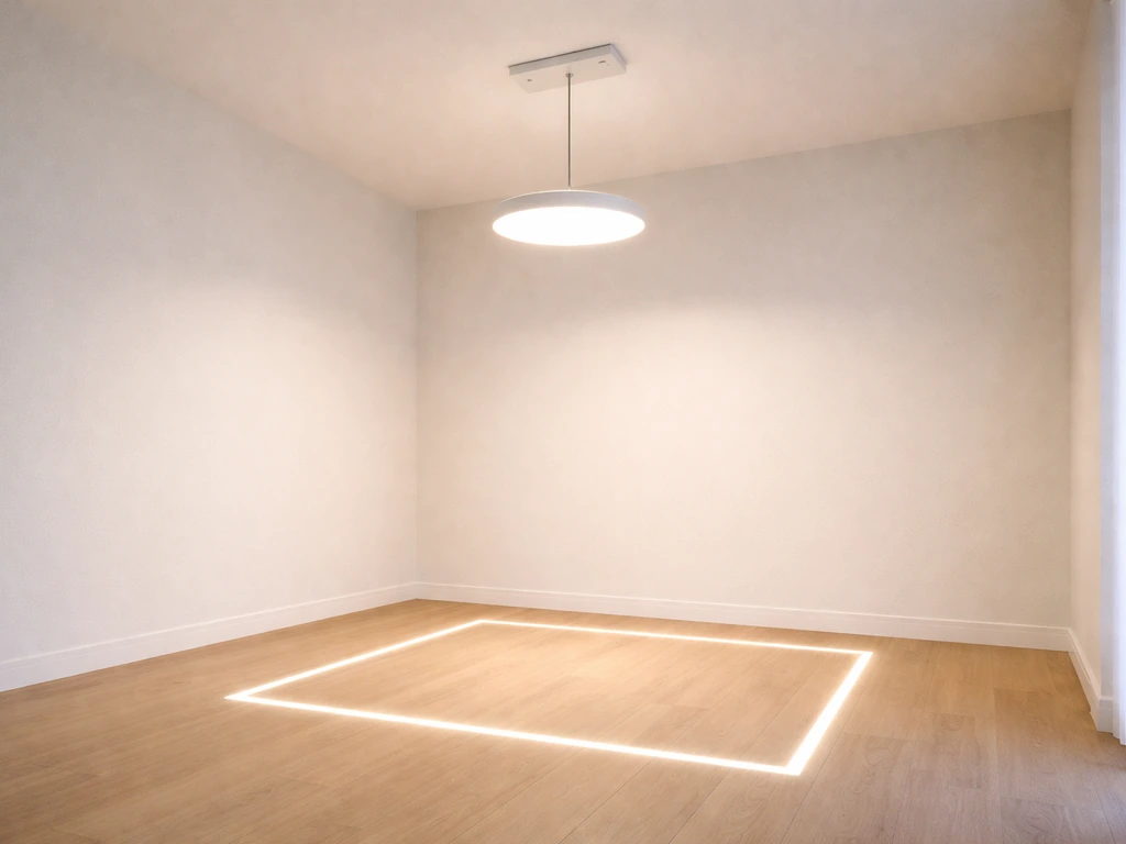 Ceiling LED light fixture with taped floor boundary showing coverage footprint at a set hanging height.