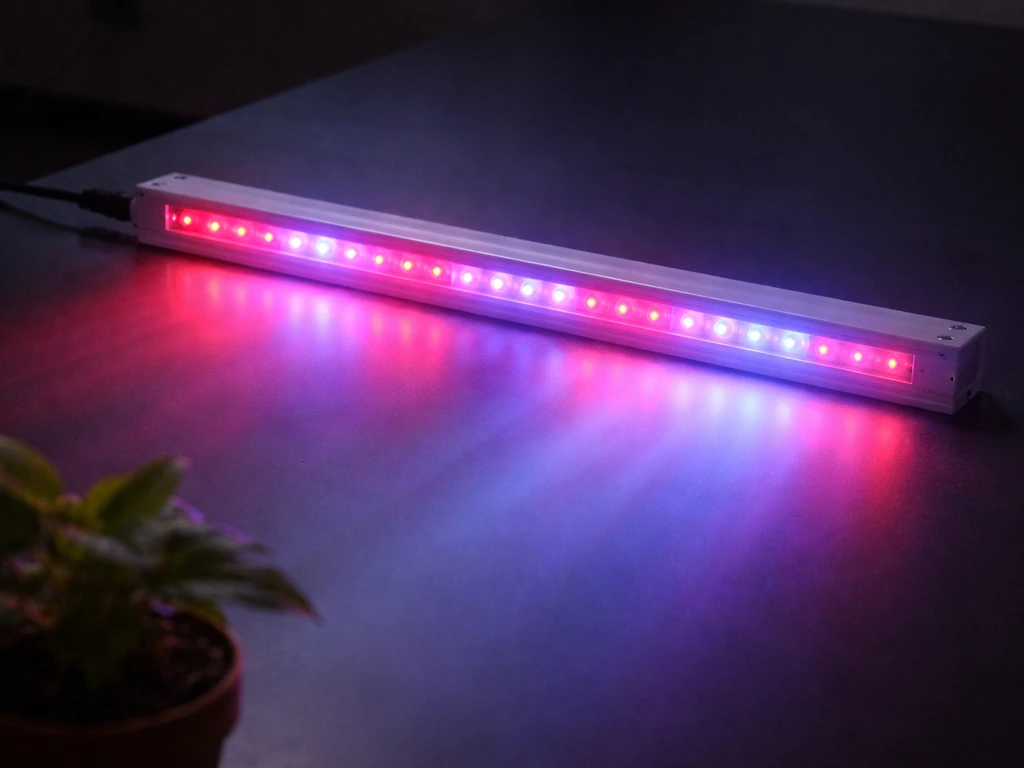 LED grow light casting distinct red and blue spectrum-like glow with a blurred potted plant nearby.