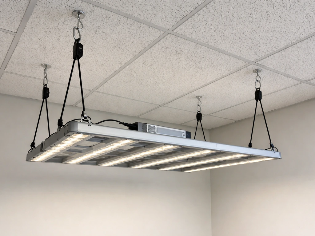 Bar-style LED fixture hanging from ceiling with adjustable rope ratchets and clear space for heat dissipation.