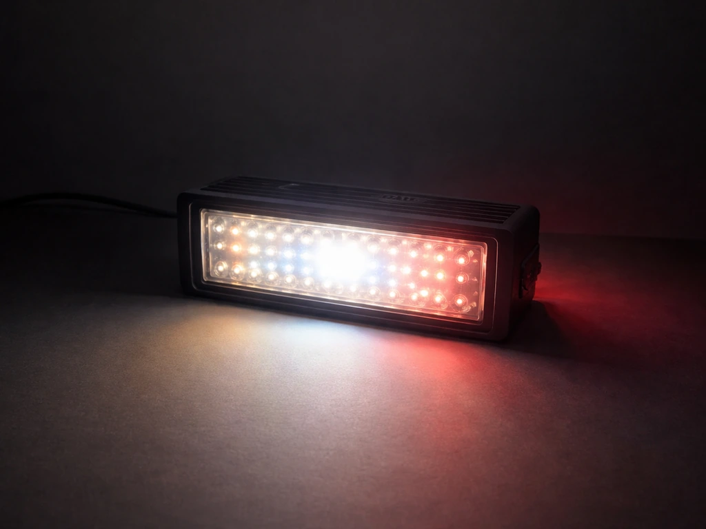 Minimal photo of a grow LED bar emitting a full-spectrum glow with subtle red bloom at the edges.