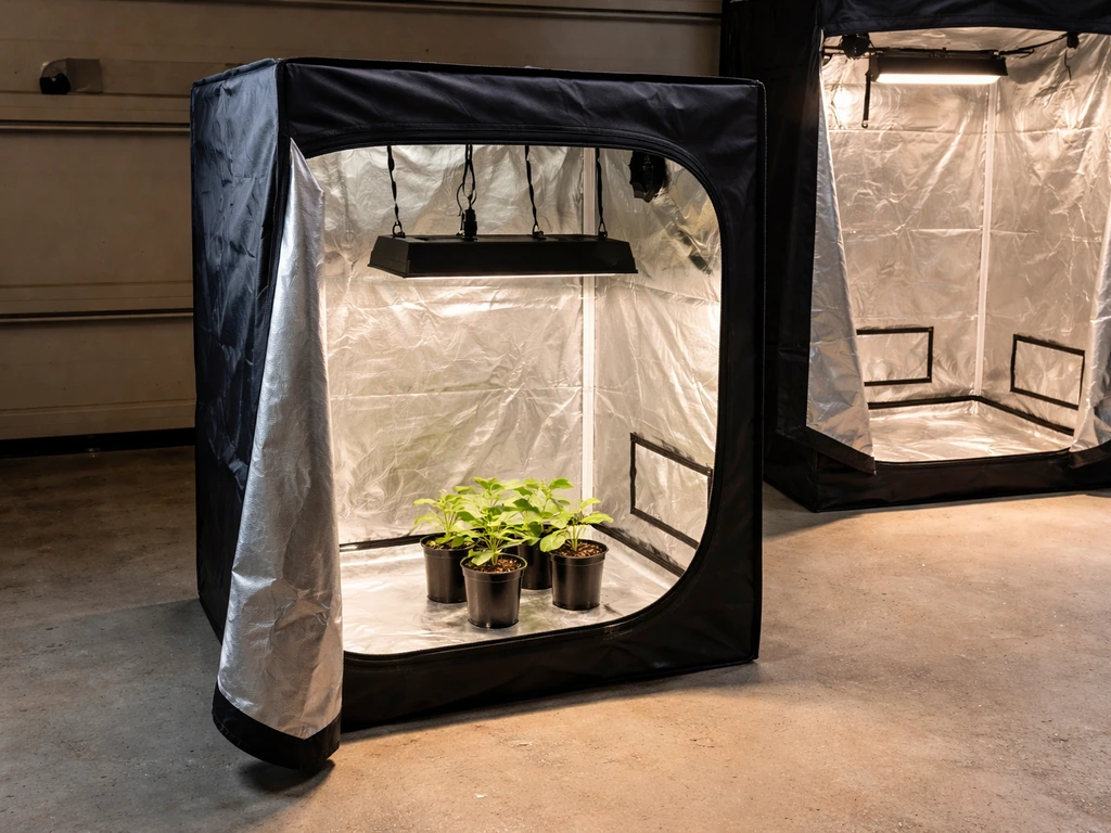 Two small indoor grow tents with an LED light mounted above seedlings at correct height.