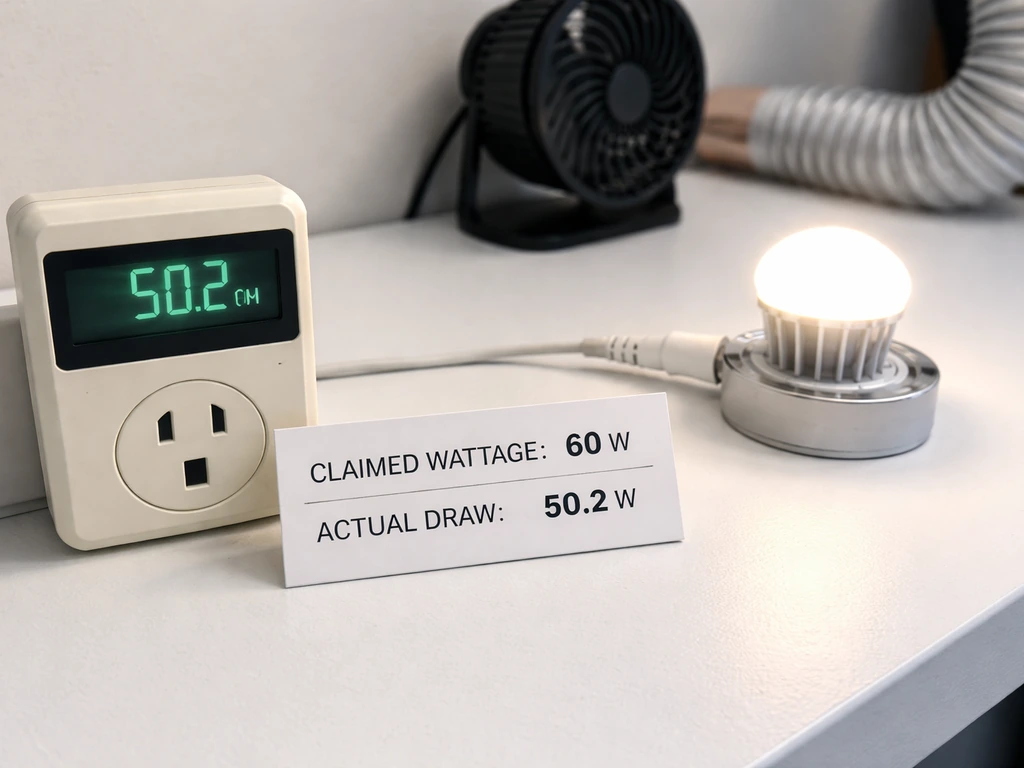 A watt meter beside an LED light label showing claimed vs actual power draw with a small fan for heat airflow.