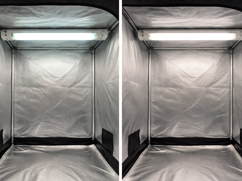 Split-screen of a T8 fluorescent fixture vs an LED T8 retrofit tube inside simple grow tent lighting.