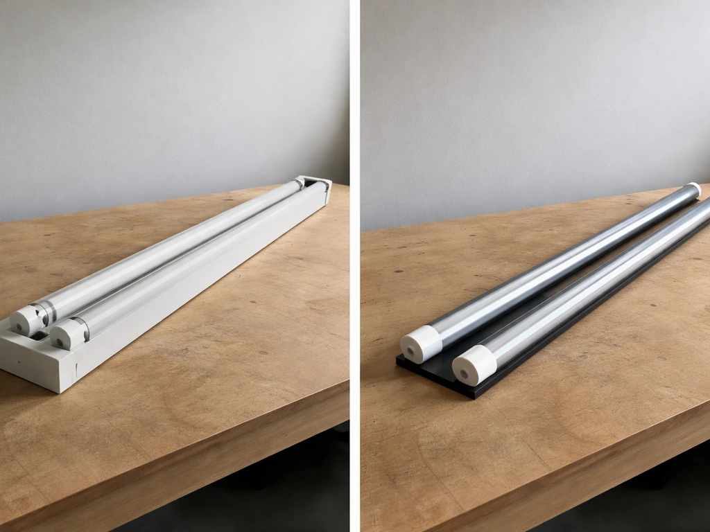 Side-by-side photo of a 4-ft T8 fluorescent grow fixture and 4-ft LED T8 retrofit tubes on a bench.