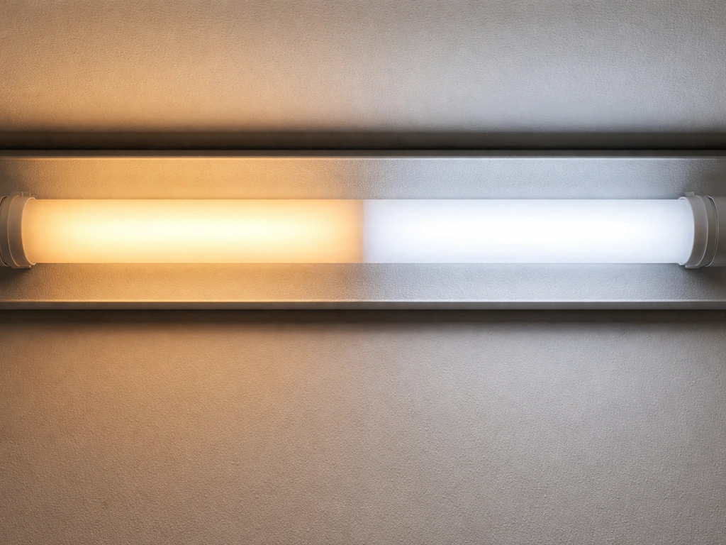 Two T8 LED tubes side by side, one warm and one cool, glowing in a simple lab-style fixture.