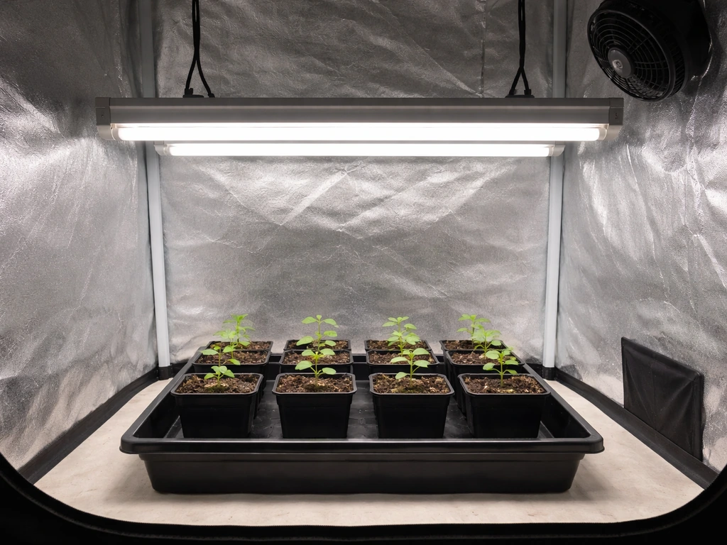 Small grow tent with seedlings under overhead T8 fluorescent tubes and a few tiny plants in pots.