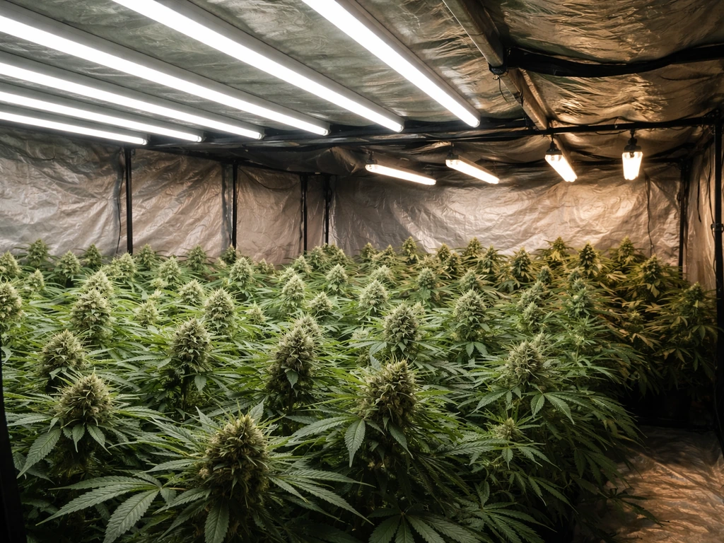 LED T8 lights illuminating a flowering grow tent canopy with a simple comparison of insufficient fluorescent coverage