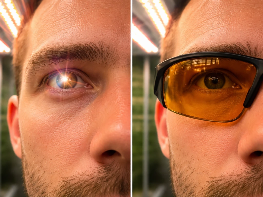 Close-up of a person’s eye reflecting an LED grow light, showing glare reduction with amber-tinted lens.