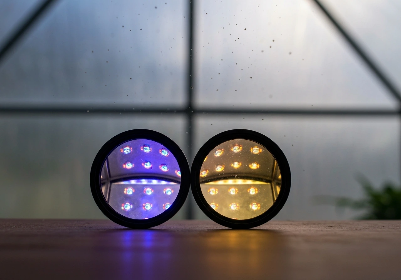 Close-up of LED grow light showing clear lens vs yellow/amber lens softening blue light.