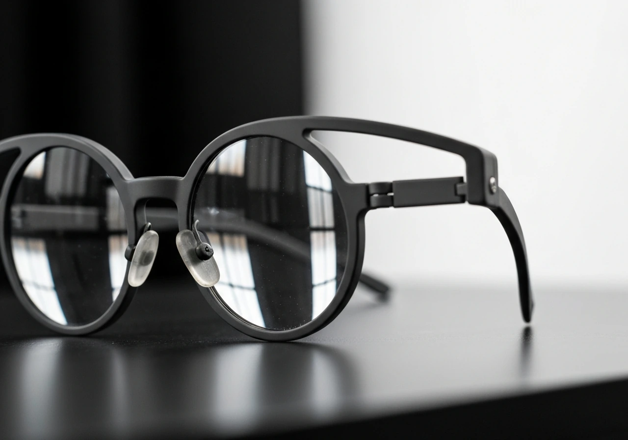 Close-up of wrap-around optical-quality glasses showing sharp lens clarity and adjustable hinge detail.