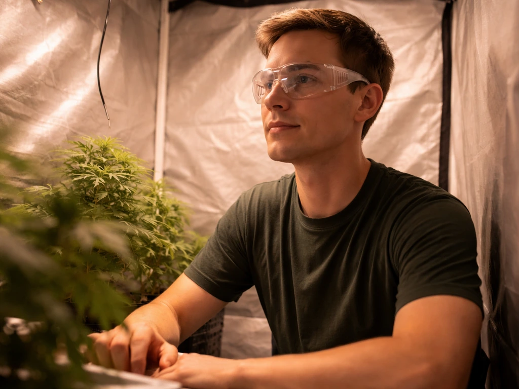 Anonymous person wearing safety glasses inside a grow tent, relaxed eyes and proper coverage during a fit check.
