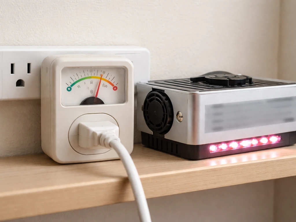 Close-up of an LED grow light plugged into a watt meter showing actual power draw