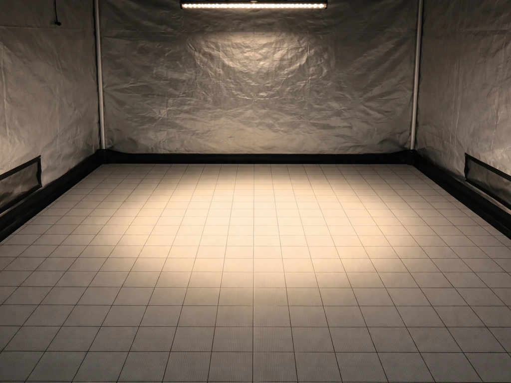 Close-up of LED grow light casting two different coverage zones over a tent floor grid mat