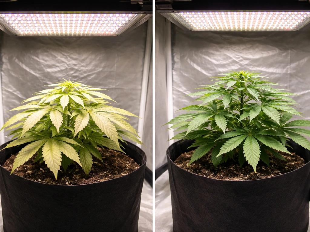 Side-by-side grow lights: left leaves bleached from too-close LED; right healthy leaves from correct distance.