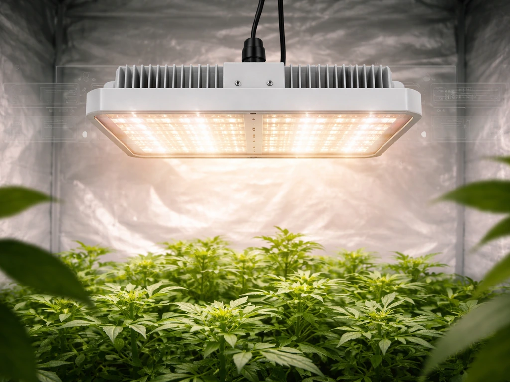 Modern 400W LED grow light hanging over a small tent canopy with healthy green plants below.