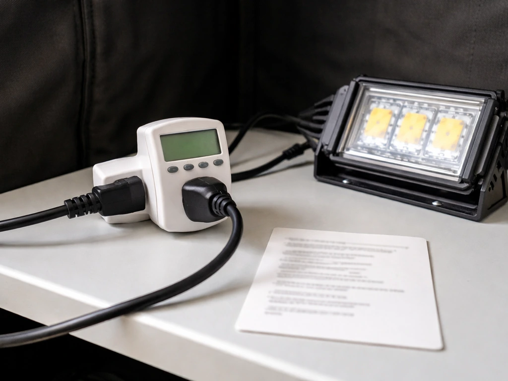 Anonymous LED grow light and inline power meter on a shelf, suggesting wall draw vs output.