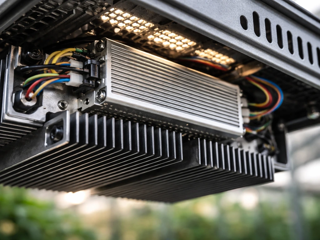 Close-up of a 400W LED grow light driver and heatsink with clear airflow channels and cooling fins
