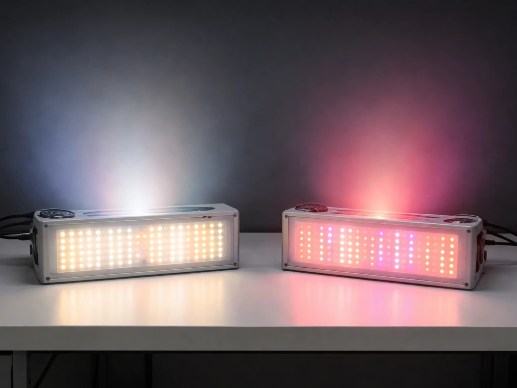 Two LED grow light panels side-by-side emitting different blue/red vs far-red light haze.