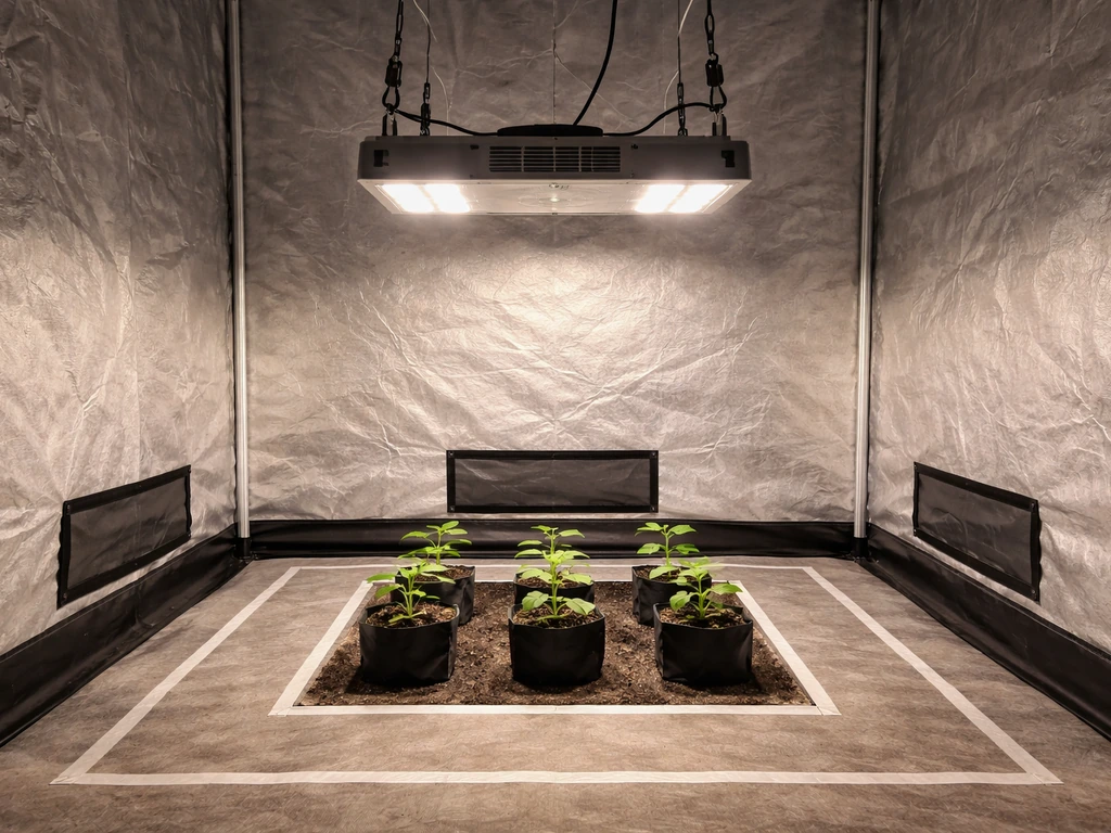 400W LED grow light hanging over a small indoor tent, showing a measured canopy footprint on the floor.