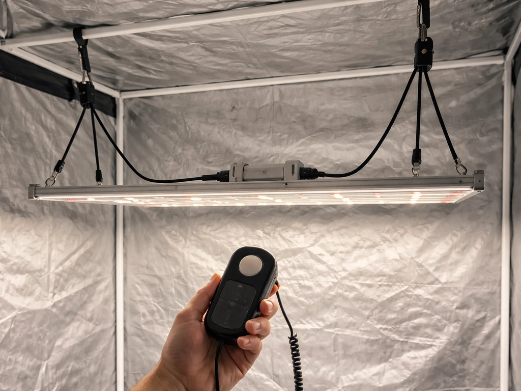 Grow tent lighting setup: fixture hung with ratchet straps and a PAR meter at canopy level.