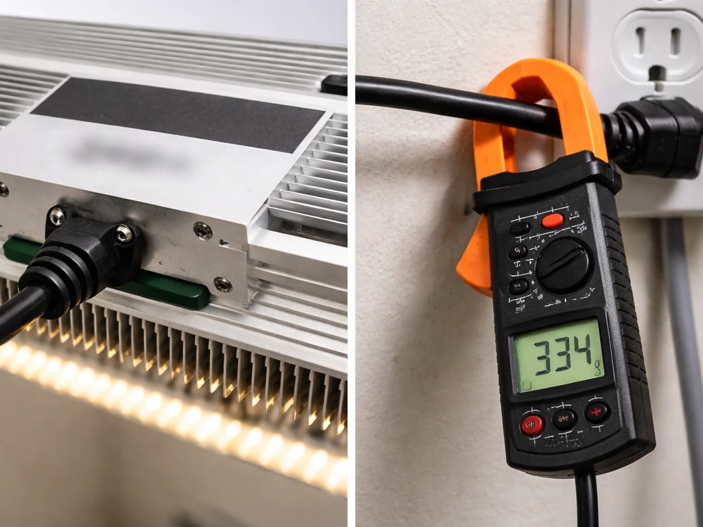 Split image of a grow light label close-up and a clamp meter showing actual input watts.