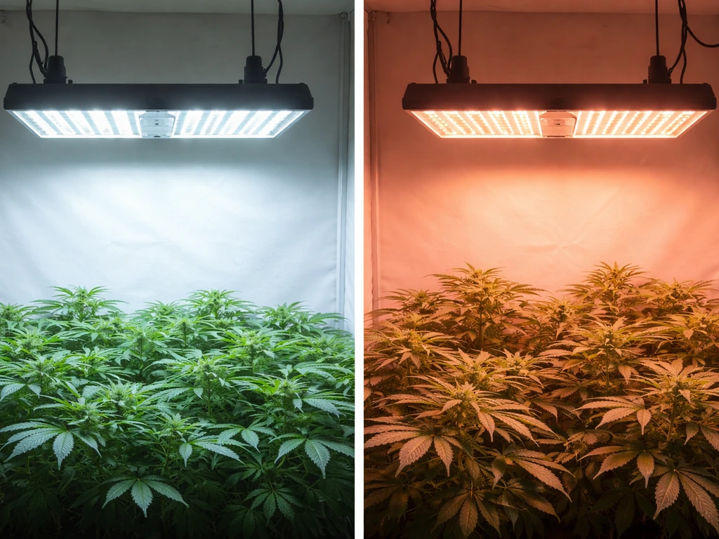 Two indoor grow lights side-by-side casting cool blue and warm red light onto separate plant canopies.