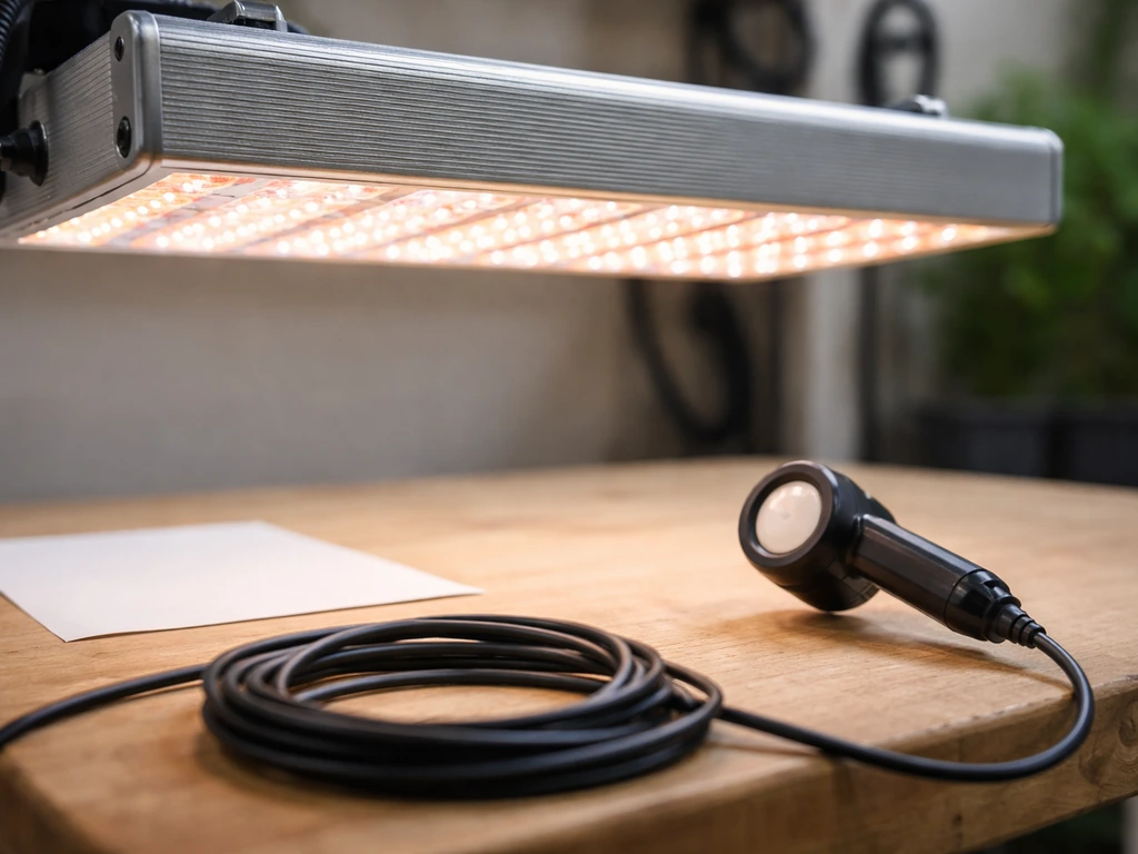 Close-up of LED grow light and PPFD meter probe testing canopy light output, no readable text.