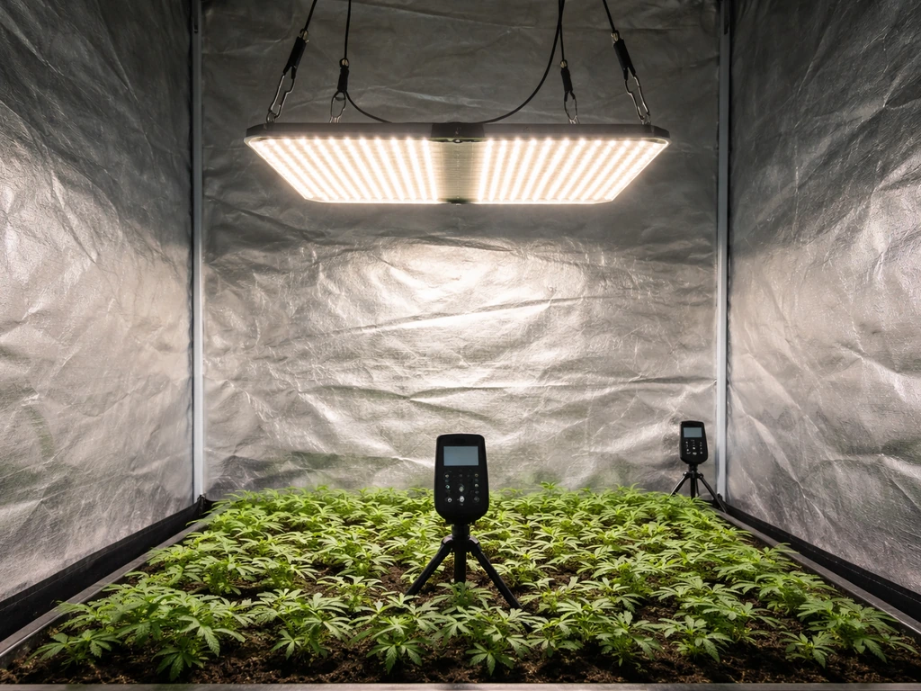 Grow tent with a LED quantum board hanging above seedlings; PPFD meter held at canopy center and corners