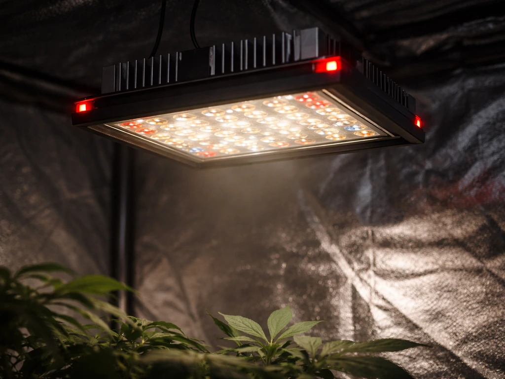Close-up of an LED grow light over a grow tent showing red warning indicators and uneven light spill.