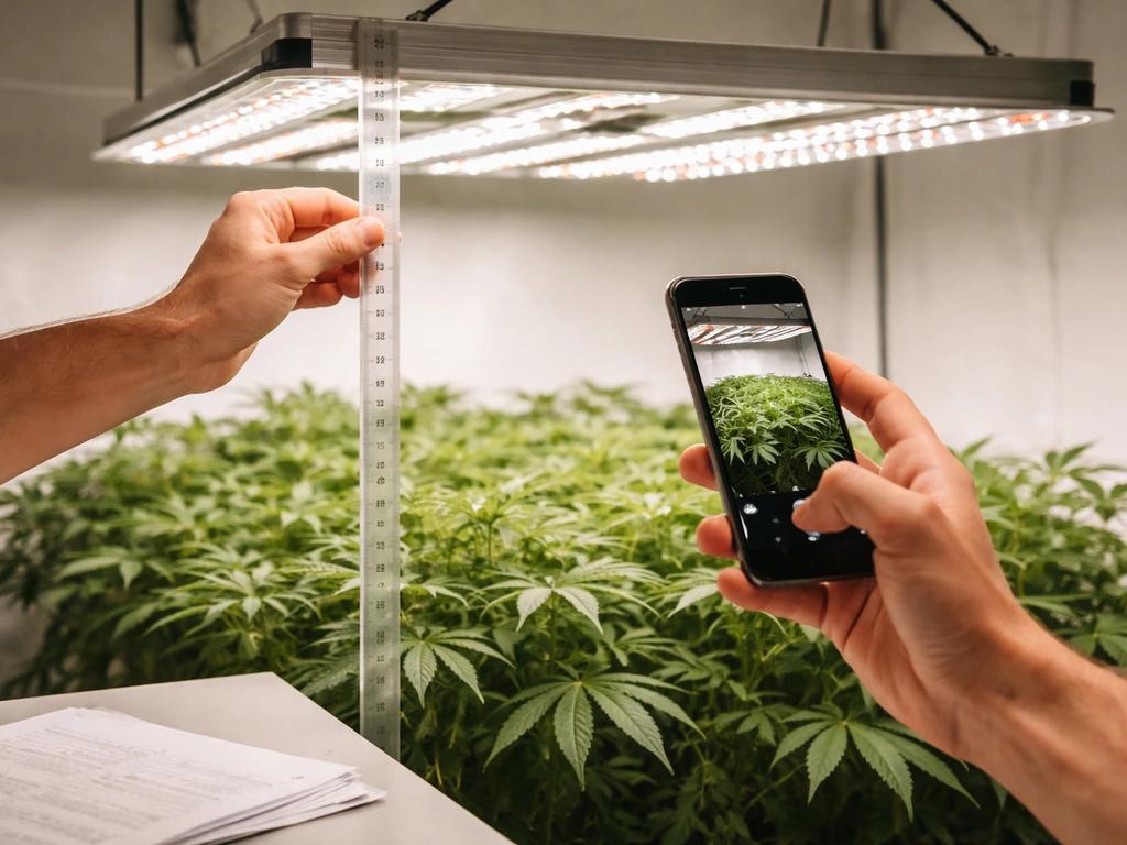 Grower holding smartphone above an indoor plant canopy, checking LED mounting height beside an open spec sheet