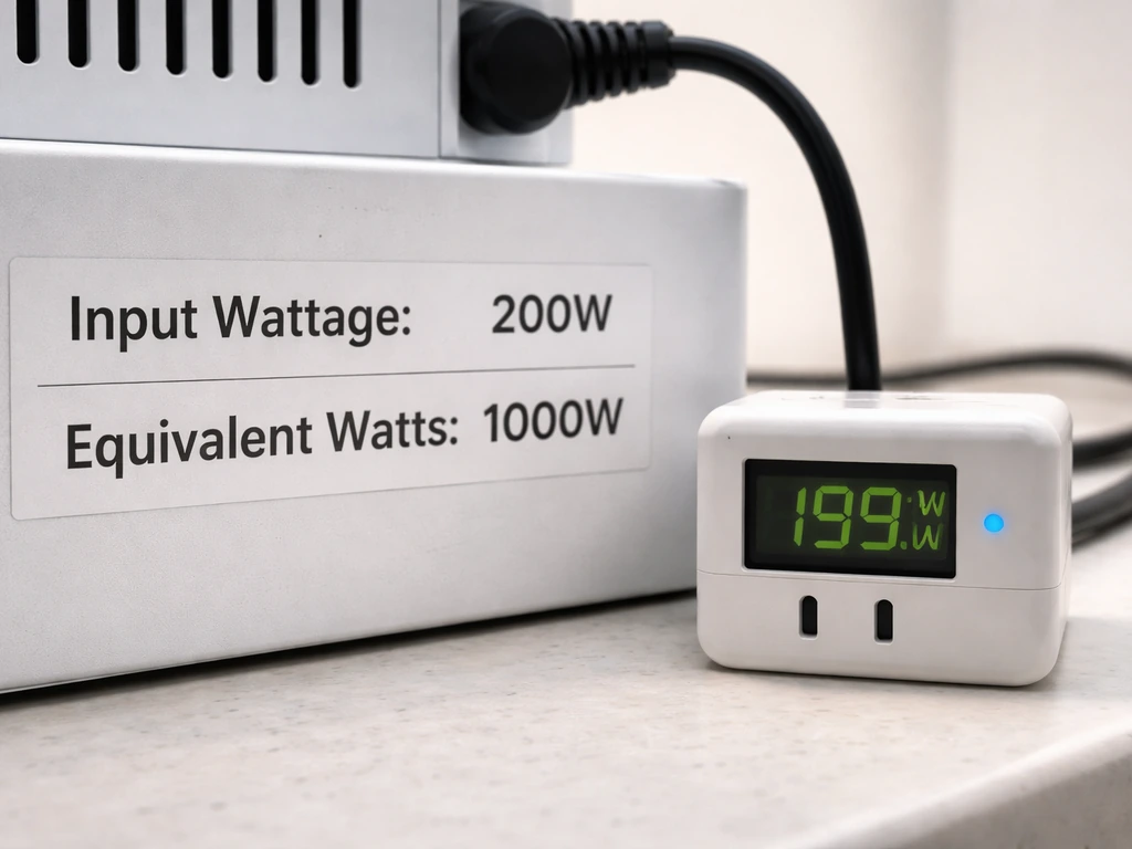 Close-up of LED grow light label with input vs equivalent wattage, beside a digital watt meter/smart plug.