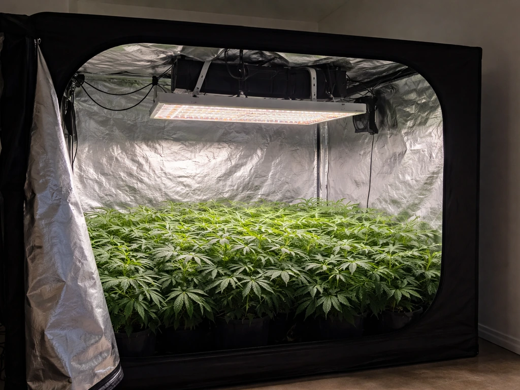 Indoor grow tent with an LED light raised too high above a dense canopy, showing uneven bright coverage