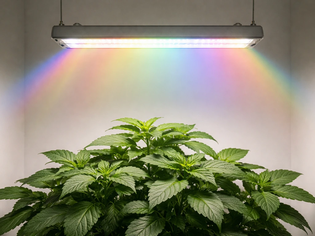 Minimal photo of an LED grow light above a plant with a faint rainbow spectrum glow.