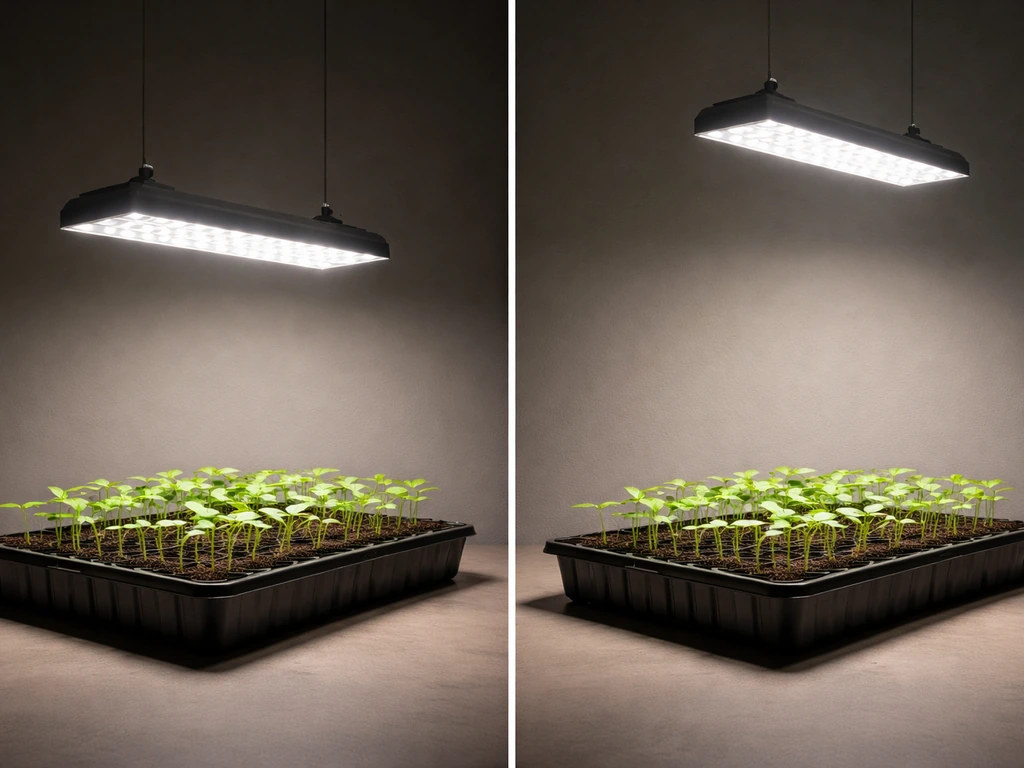 Photograph of two overhead light positions above a small plant tray, showing different canopy illumination heights.